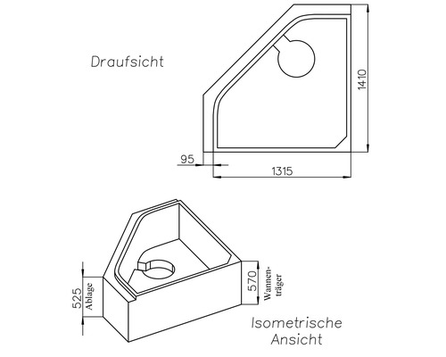 Technische Zeichnung einer Eckbadewanne mit Maßen in Millimetern. Draufsicht und isometrische Ansicht mit Wannenträger.