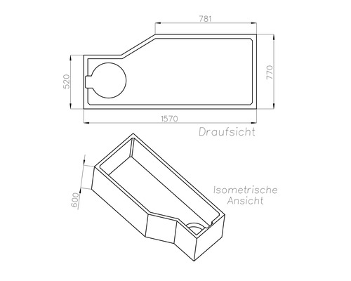 Technische Zeichnung eines asymmetrischen Beckens mit Draufsicht und isometrischer Ansicht. Maße 1570 mal 770 mal 600 Millimeter.