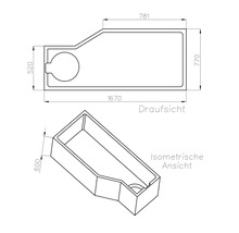 Technische Zeichnung einer asymmetrischen Badewanne mit Draufsicht und isometrischer Ansicht, Maße 1670 mal 770 Millimeter, Tiefe 600 Millimeter.