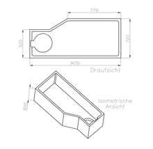 Technische Zeichnung einer asymmetrischen Badewanne mit Maßen 1470 mal 720 mal 600 Millimeter in Draufsicht und isometrischer Ansicht.