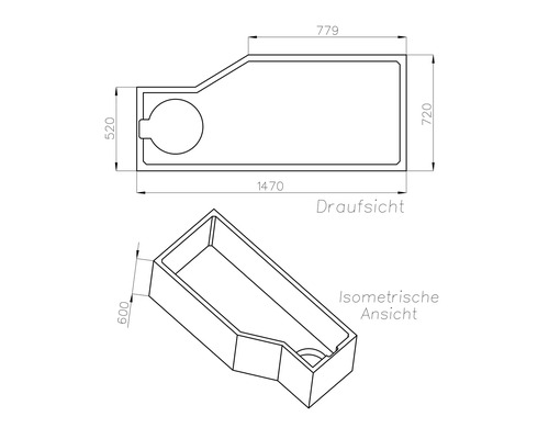 Technische Zeichnung einer asymmetrischen Badewanne mit Maßen 1470 mal 720 mal 600 Millimeter in Draufsicht und isometrischer Ansicht.