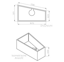 Maßzeichnung einer asymmetrischen Badewanne mit Draufsicht und isometrischer Ansicht, inklusive Maßangaben in Millimetern.