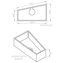 Technische Zeichnung einer asymmetrischen Badewanne mit Maßangaben in der Draufsicht und isometrischen Ansicht.