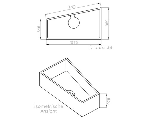 Technische Zeichnung einer asymmetrischen Badewanne mit Maßangaben in der Draufsicht und isometrischen Ansicht.