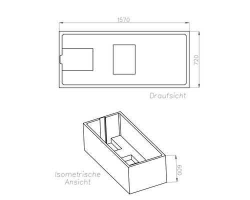 Technische Zeichnung eines rechteckigen Behälters in Draufsicht und isometrischer Ansicht mit den Maßen 1570 mal 720 mal 600 Millimeter.
