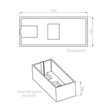 Technische Zeichnung einer rechteckigen Wanne mit Draufsicht und isometrischer Ansicht, Maße 1770 mal 770 mal 580 Millimeter.
