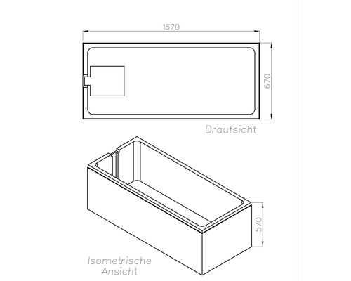 Technische Zeichnung eines rechteckigen Beckens mit Draufsicht und isometrischer Ansicht, Maße 1570 mal 670 mal 570.