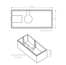 Technische Zeichnung mit Draufsicht und isometrischer Ansicht, Maße 1770 mal 770 mal 620 Millimeter.