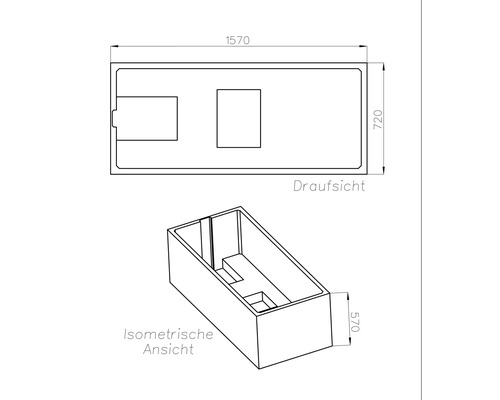 Technische Zeichnung einer rechteckigen Badewanne, Draufsicht und isometrische Ansicht, Maße 1570 mal 720 mal 570 Millimeter.