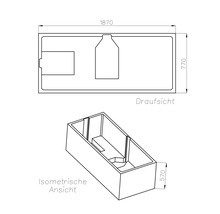 Technische Zeichnung einer Badewanne in der Draufsicht und isometrischen Ansicht. Maße: 1870 Millimeter Länge, 770 Millimeter Breite, 570 Millimeter Höhe.