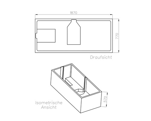 Technische Zeichnung einer Badewanne in der Draufsicht und isometrischen Ansicht. Maße: 1870 Millimeter Länge, 770 Millimeter Breite, 570 Millimeter Höhe.
