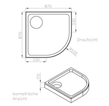 Maßzeichnung Viertelkreis-Duschwanne, 870 mal 870 Millimeter, Höhe 170 Millimeter, Radius 535 Millimeter, Draufsicht und isometrische Ansicht.