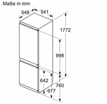 Technische Zeichnung einer Einbau Kühl Gefrierkombination mit Maßangaben in Millimeter für die Planung und Montage.
