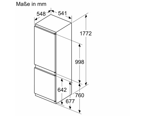 Technische Zeichnung einer Einbau Kühl Gefrierkombination mit Maßangaben in Millimeter für die Planung und Montage.