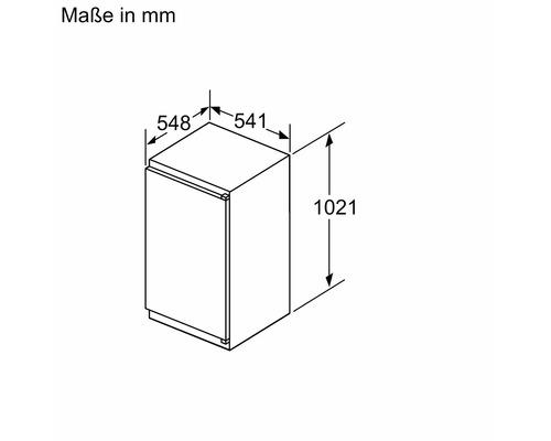 Maßzeichnung eines Einbaukühlschranks mit den Abmessungen 1021 Millimeter Höhe, 541 Millimeter Breite und 548 Millimeter Tiefe.