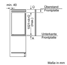 Technische Zeichnung mit Einbaumaßen für einen Kühlschrank in Millimetern