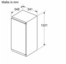 Maßzeichnung eines Einbaukühlschranks mit den Abmessungen 1221 mal 548 mal 541 Millimeter.