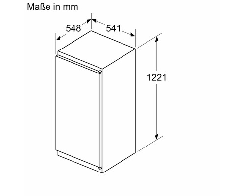 Maßzeichnung eines Einbaukühlschranks mit den Abmessungen 1221 mal 548 mal 541 Millimeter.
