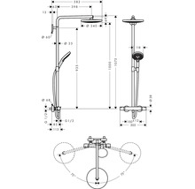 Maßzeichnung eines Duschsystems mit Kopfbrause und Handbrause inklusive technischer Maße in Millimetern.