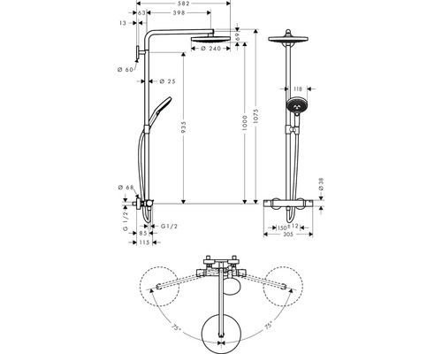 Maßzeichnung eines Duschsystems mit Kopfbrause und Handbrause inklusive technischer Maße in Millimetern.