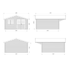 Technische Zeichnung mit Maßangaben für ein Gartenhaus aus Holz mit Doppeltür und Fenster.