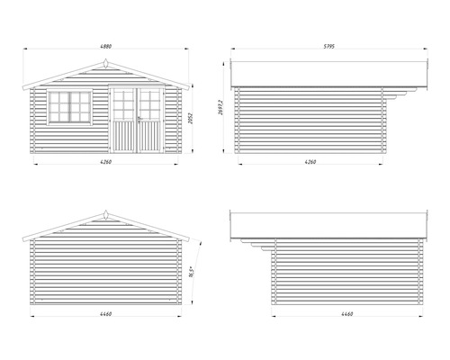 Technische Zeichnung mit Maßangaben für ein Gartenhaus aus Holz mit Doppeltür und Fenster.
