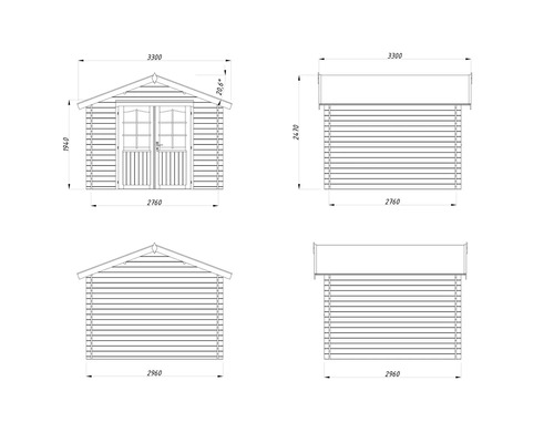 Technische Zeichnung mit Maßangaben für ein Gartenhaus aus Holz, dargestellt in der Vorder-, Rück- und Seitenansicht.