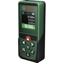Bosch Laser Entfernungsmesser mit Display und Bedienfeld zur Messung von Abständen.
