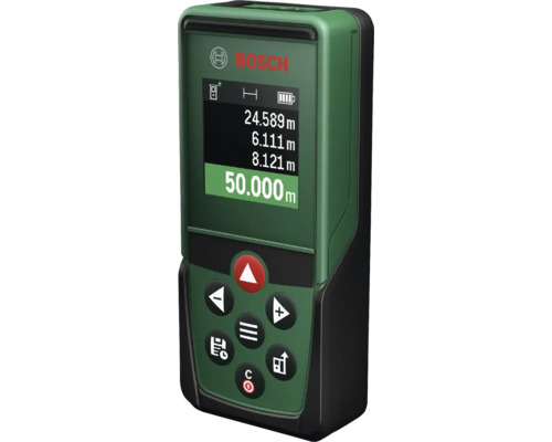 Bosch Laser Entfernungsmesser mit Display und Bedienfeld zur Messung von Abständen.
