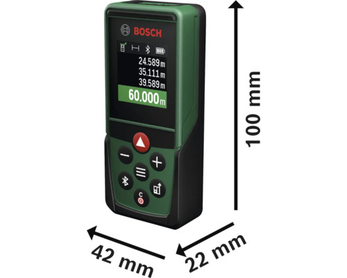 Bosch Laser Entfernungsmesser mit Abmessungen 100 mal 42 mal 22 Millimeter