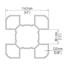 Technische Zeichnung eines quadratischen Aluminium Pfostenprofils mit Maßen in Millimeter und Zoll.
