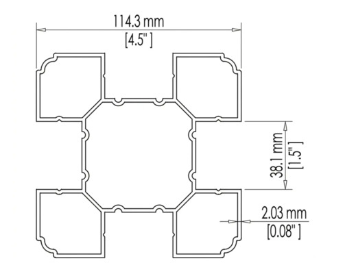 Technische Zeichnung eines quadratischen Aluminium Pfostenprofils mit Maßen in Millimeter und Zoll.