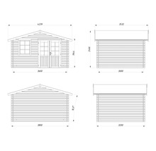 Technische Zeichnung mit Maßangaben für ein Gartenhaus aus Holz mit Doppeltür und Fenster.