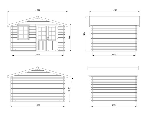 Technische Zeichnung mit Maßangaben für ein Gartenhaus aus Holz mit Doppeltür und Fenster.