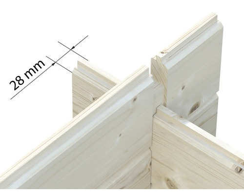 Holzbohlenwand mit einer Wandstärke von 28 Millimeter im Eckverbund für Gartenhaus