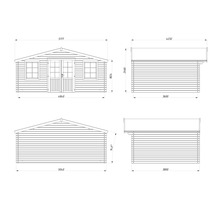 Technische Zeichnung eines Gartenhauses aus Holz mit Maßangaben zur Ansicht von vorne, hinten und von den Seiten mit Satteldach.