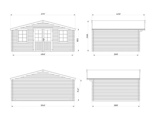Technische Zeichnung eines Gartenhauses aus Holz mit Maßangaben zur Ansicht von vorne, hinten und von den Seiten mit Satteldach.