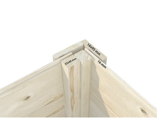 Eckverbindung eines Hochbeets aus Holz mit Maßangaben von 16 mal 95 Millimeter für die Bretter und 32 mal 40 Millimeter für den Eckpfosten.