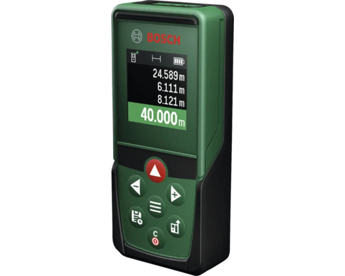 Bosch Laser Entfernungsmesser mit digitalem Display und Bedienfeld zur präzisen Abstandsmessung.
