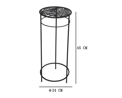Runder Blumenständer aus Metall mit Blattmuster auf der Ablagefläche, 45 Zentimeter hoch und 24 Zentimeter Durchmesser.