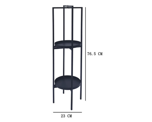 Blumenständer aus Metall mit zwei runden Ablagen, Höhe 76,5 Zentimeter, Breite 23 Zentimeter.