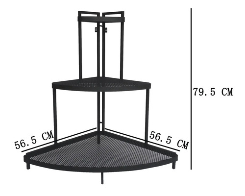 Eckregal aus Metall mit zwei Ablagen und Maßen von 56,5 Zentimeter mal 56,5 Zentimeter mal 79,5 Zentimeter.