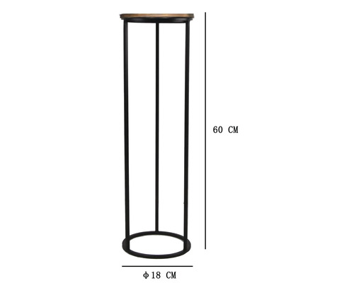 Runder Blumenständer aus Metall mit Holzoberfläche, 60 Zentimeter hoch, Durchmesser 18 Zentimeter.