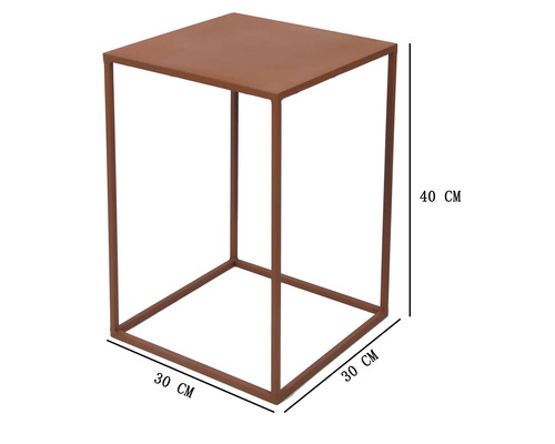 Quadratischer Beistelltisch aus Metall mit den Maßen 30 mal 30 mal 40 Zentimeter.