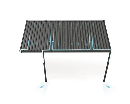 Terrassenüberdachung mit integriertem Entwässerungssystem durch die Pfosten.