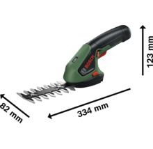 Bosch Isio Akku Strauchschere mit Maßangaben 123 Millimeter Höhe, 334 Millimeter Länge und 82 Millimeter Schnittbreite.