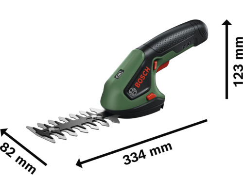 Bosch Isio Akku Strauchschere mit Maßangaben 123 Millimeter Höhe, 334 Millimeter Länge und 82 Millimeter Schnittbreite.