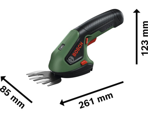 Bosch ISIO Akku Grasschere mit Maßangaben in Millimetern