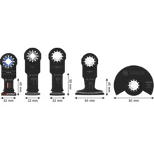 Set von fünf Bosch Starlock Tauchsägeblättern für Multifunktionswerkzeuge mit verschiedenen Breiten und Anwendungsbereichen