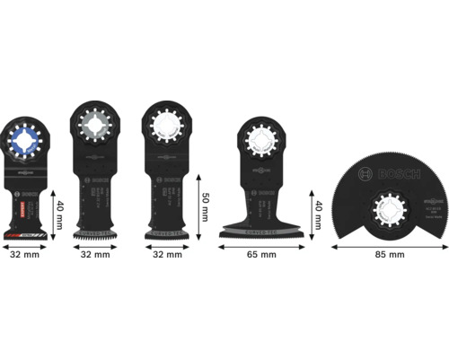 Set von fünf Bosch Starlock Tauchsägeblättern für Multifunktionswerkzeuge mit verschiedenen Breiten und Anwendungsbereichen